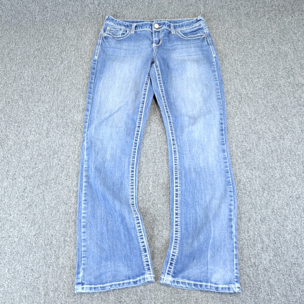 Maurices Womens Straight Leg Jeans 9/10 Reg Blue Denim Stretch Embroidered Boho